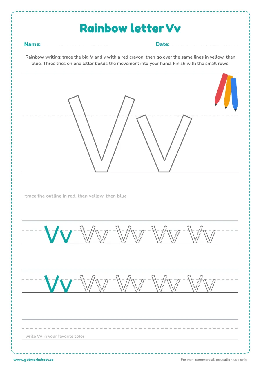 Rainbow letter Vv – free printable PDF worksheet, page 1 preview (6 free letter V tracing worksheets)