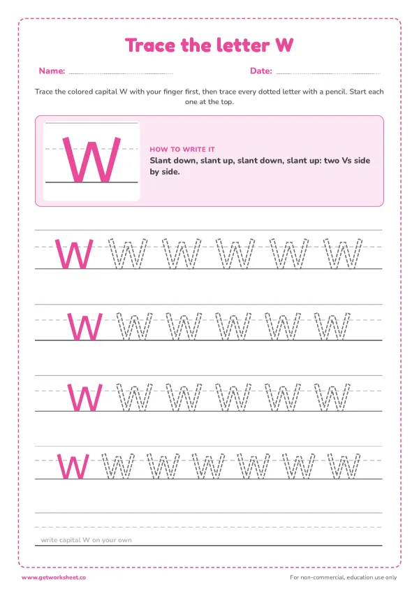 Free letter W tracing worksheets – free printable worksheets preview