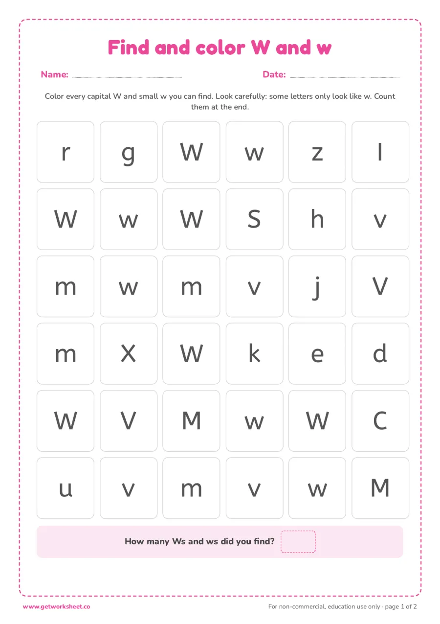 Find and color the letter W and w – free printable PDF worksheet, page 1 preview (6 free letter W tracing worksheets)