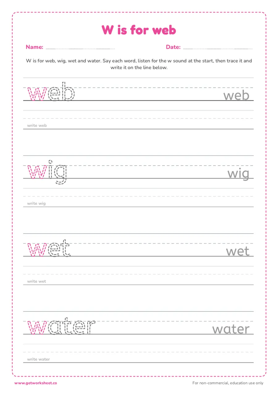 W is for web: trace the words – free printable PDF worksheet, page 1 preview (6 free letter W tracing worksheets)