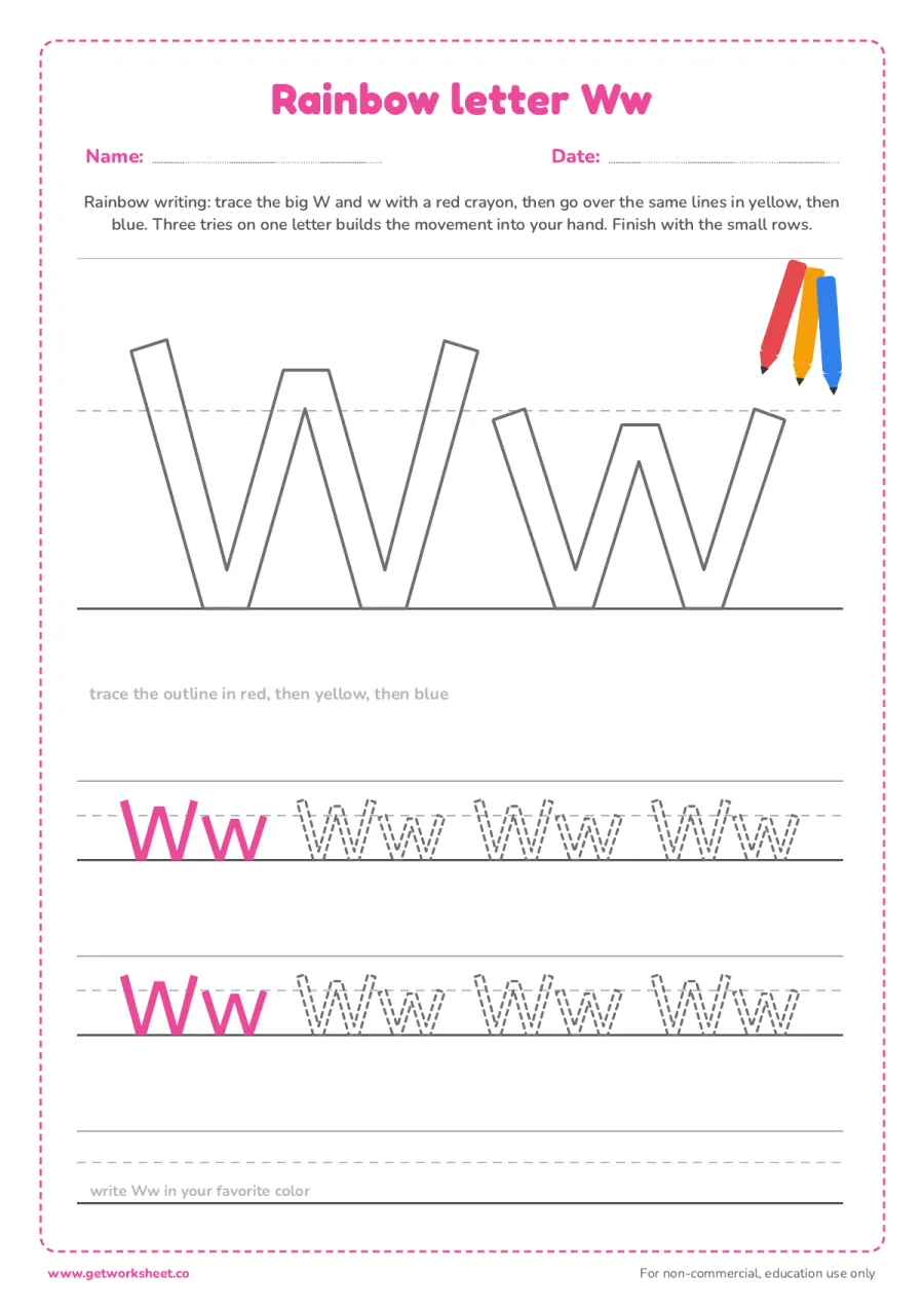 Rainbow letter Ww – free printable PDF worksheet, page 1 preview (6 free letter W tracing worksheets)