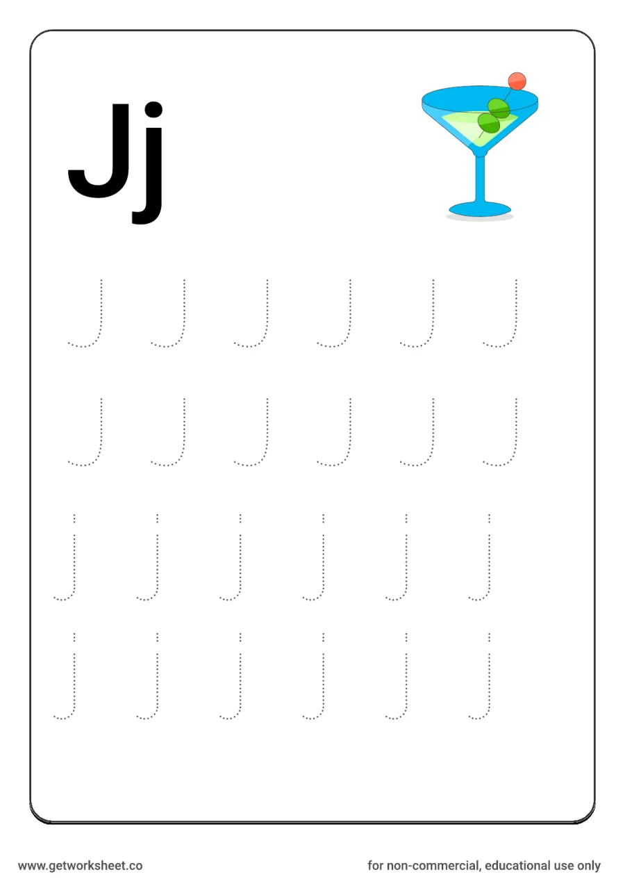 Letter Jj: trace uppercase and lowercase with juice glass – free printable PDF worksheet, page 1 preview (26 free letter worksheets)