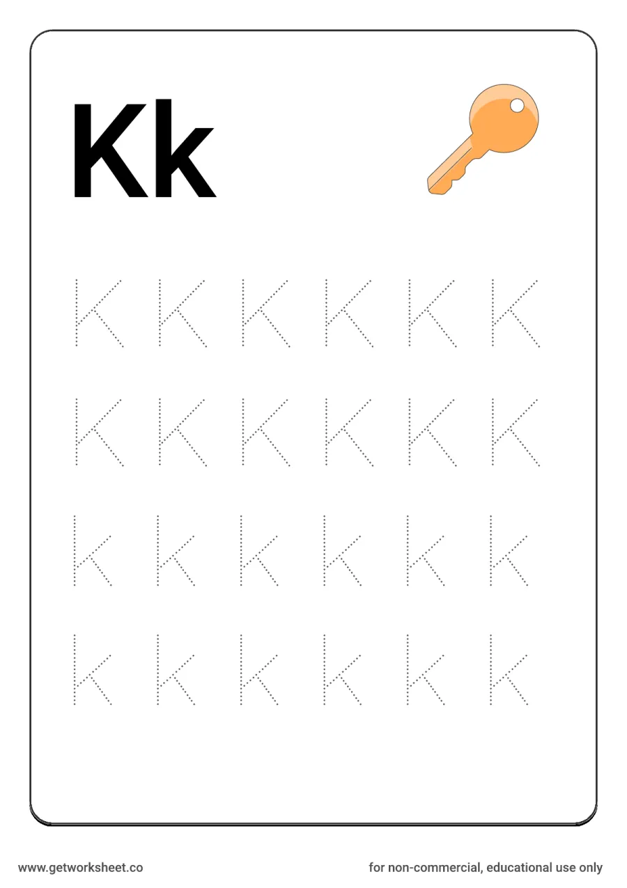 Letter Kk: trace uppercase and lowercase with key – free printable PDF worksheet, page 1 preview (26 free letter worksheets)