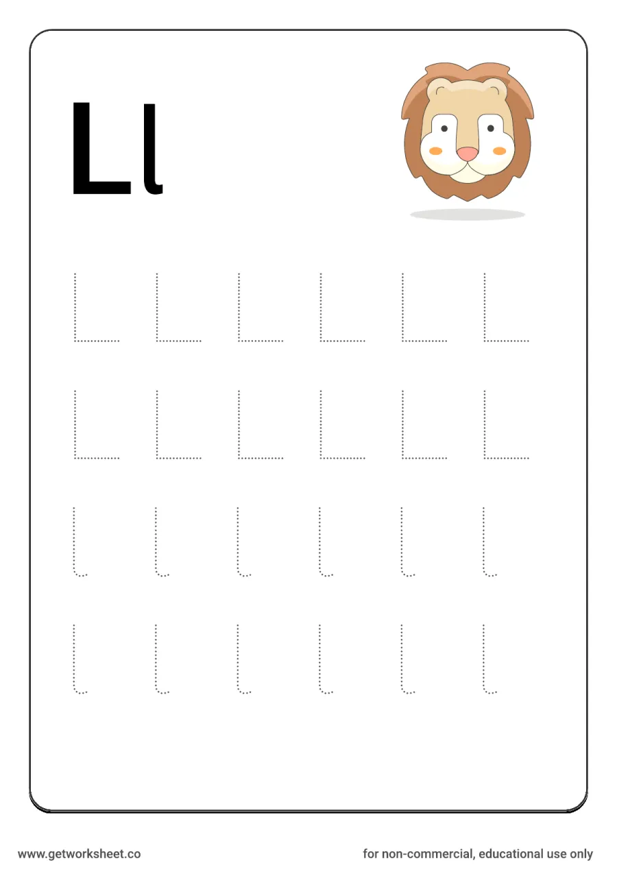 Letter Ll: trace uppercase and lowercase with lion – free printable PDF worksheet, page 1 preview (26 free letter worksheets)