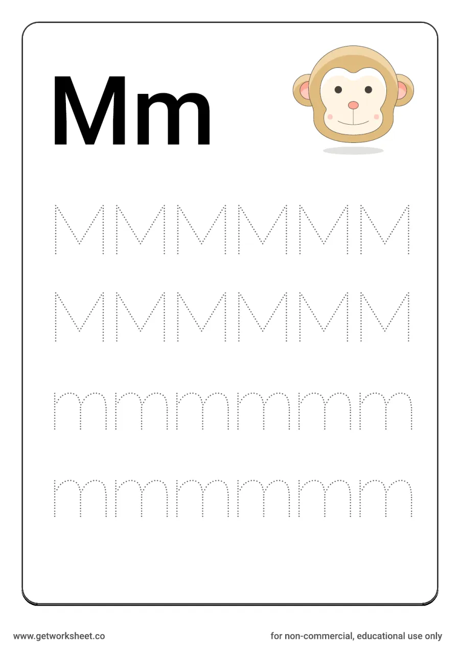 Letter Mm: trace uppercase and lowercase with monkey – free printable PDF worksheet, page 1 preview (26 free letter worksheets)