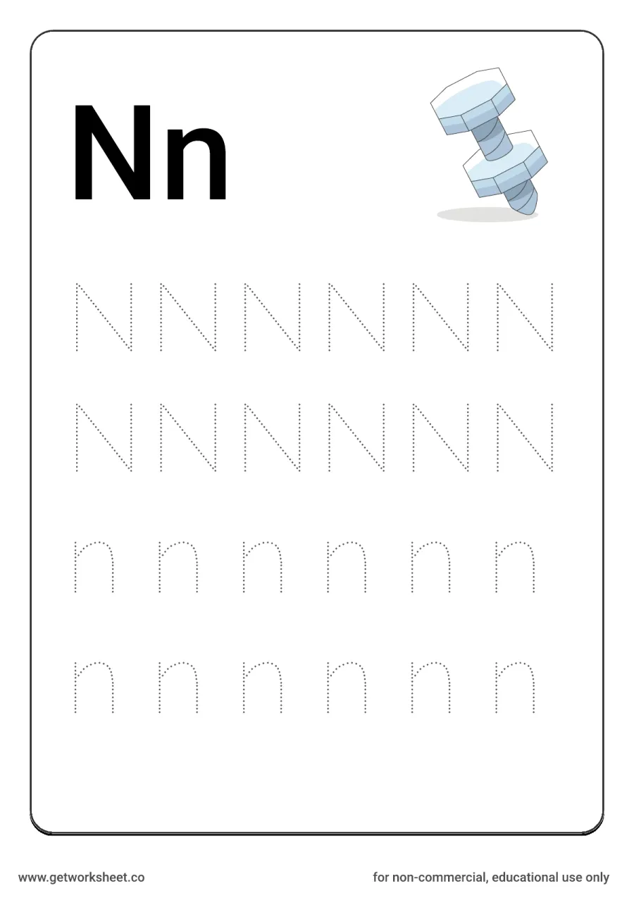 Letter Nn: trace uppercase and lowercase with nut and bolt – free printable PDF worksheet, page 1 preview (26 free letter worksheets)