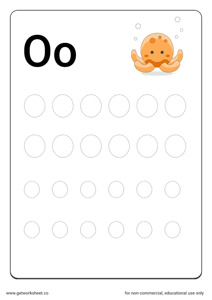 Letter Oo: trace uppercase and lowercase with octopus – free printable PDF worksheet, page 1 preview (26 free letter worksheets)