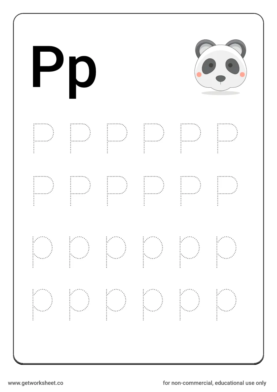 Letter Pp: trace uppercase and lowercase with panda – free printable PDF worksheet, page 1 preview (26 free letter worksheets)