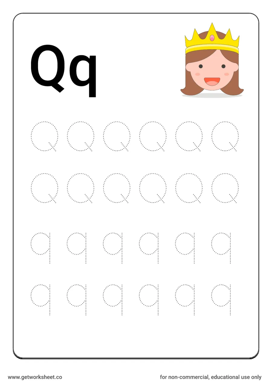 Letter Qq: trace uppercase and lowercase with queen – free printable PDF worksheet, page 1 preview (26 free letter worksheets)