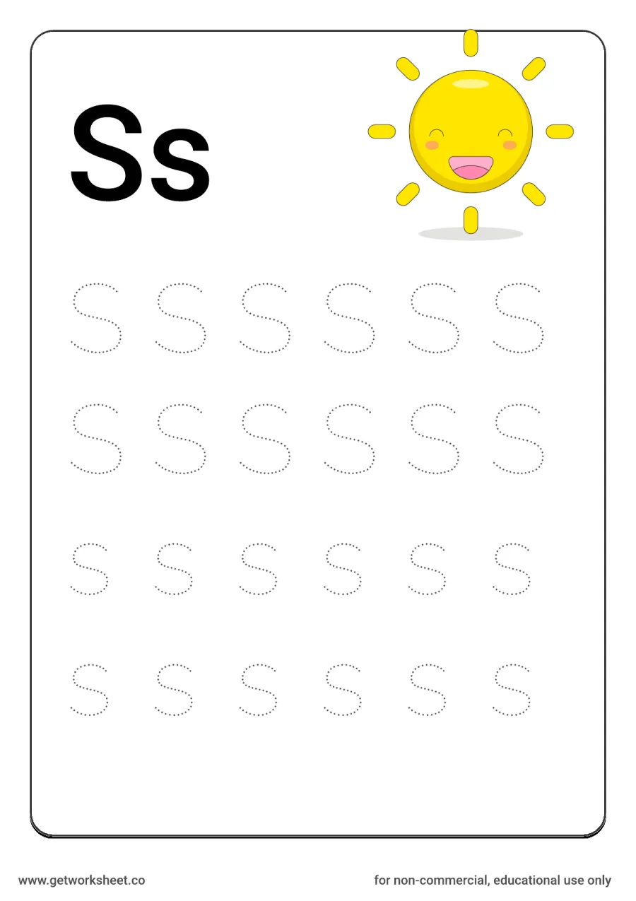 Letter Ss: trace uppercase and lowercase with sun – free printable PDF worksheet, page 1 preview (26 free letter worksheets)