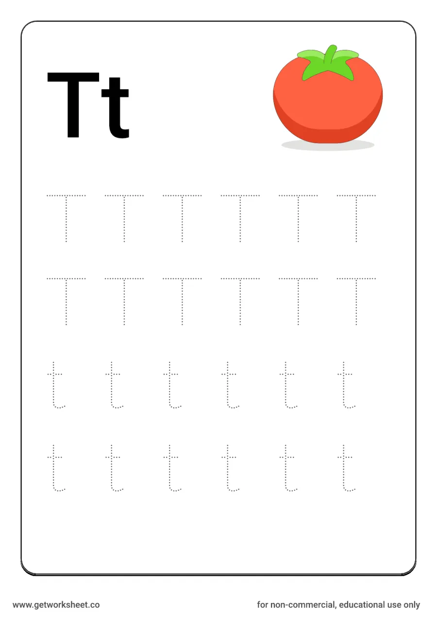 Letter Tt: trace uppercase and lowercase with tomato – free printable PDF worksheet, page 1 preview (26 free letter worksheets)
