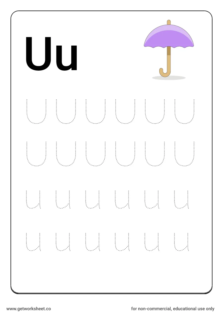 Letter Uu: trace uppercase and lowercase with umbrella – free printable PDF worksheet, page 1 preview (26 free letter worksheets)
