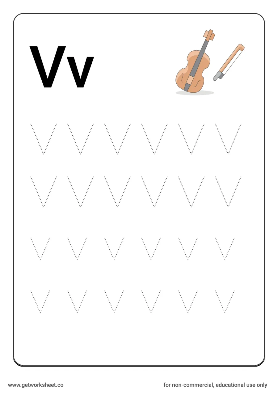 Letter Vv: trace uppercase and lowercase with violin – free printable PDF worksheet, page 1 preview (26 free letter worksheets)