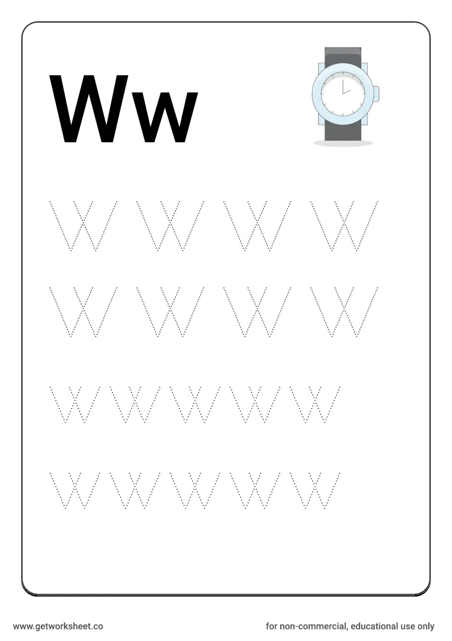 Letter Ww: trace uppercase and lowercase with wristwatch – free printable PDF worksheet, page 1 preview (26 free letter worksheets)
