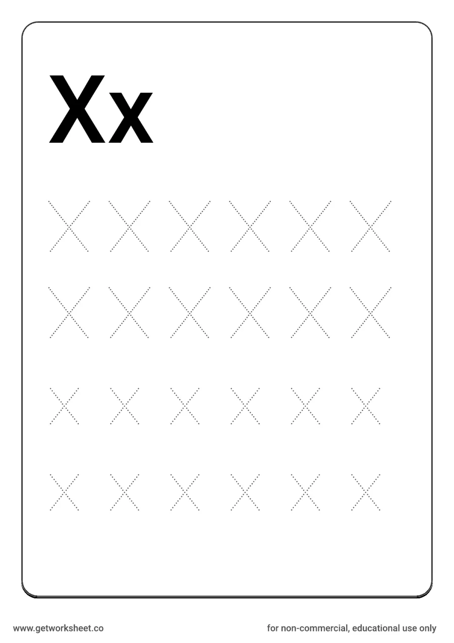 Letter Xx: trace uppercase X and lowercase x – free printable PDF worksheet, page 1 preview (26 free letter worksheets)
