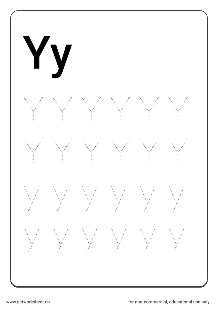 Letter Yy: trace uppercase Y and lowercase y – free printable PDF worksheet, page 1 preview (26 free letter worksheets)