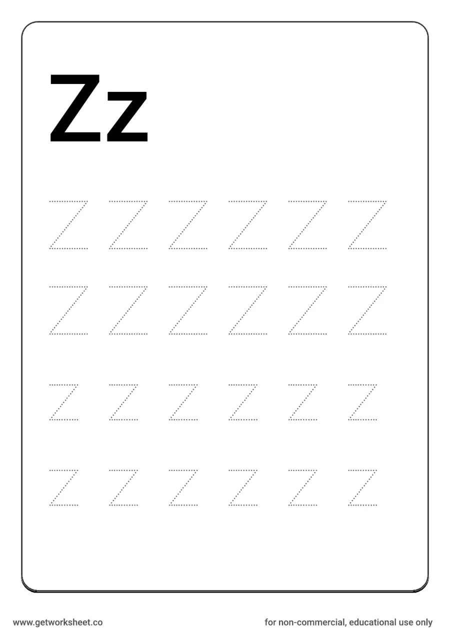 Letter Zz: trace uppercase Z and lowercase z – free printable PDF worksheet, page 1 preview (26 free letter worksheets)