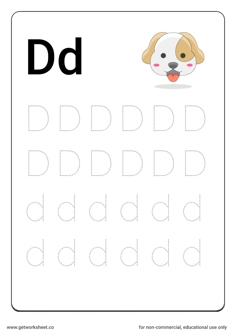Letter Dd: trace uppercase and lowercase with dog – free printable PDF worksheet, page 1 preview (26 free letter worksheets)
