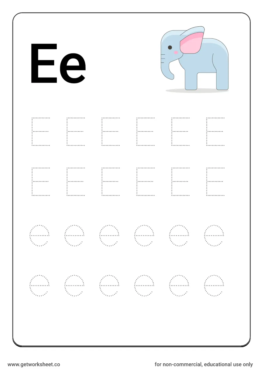 Letter Ee: trace uppercase and lowercase with elephant – free printable PDF worksheet, page 1 preview (26 free letter worksheets)
