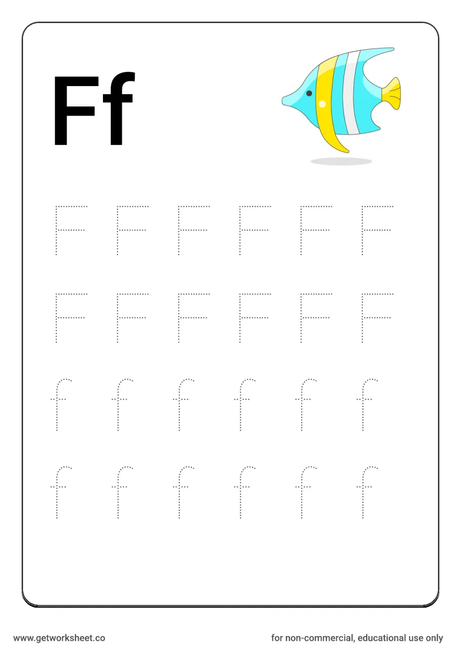 Letter Ff: trace uppercase and lowercase with fish – free printable PDF worksheet, page 1 preview (26 free letter worksheets)