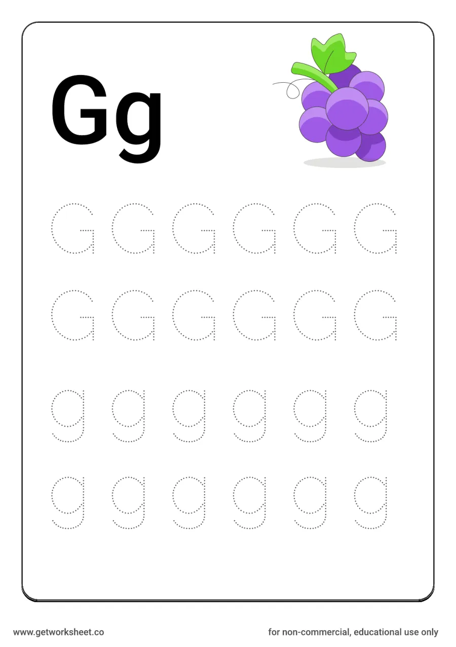 Letter Gg: trace uppercase and lowercase with grapes – free printable PDF worksheet, page 1 preview (26 free letter worksheets)