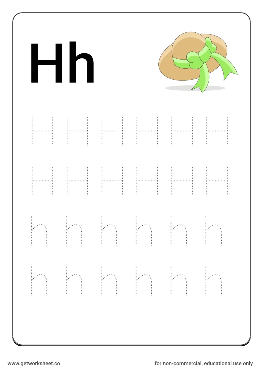 Letter Hh: trace uppercase and lowercase with hat – free printable PDF worksheet, page 1 preview (26 free letter worksheets)
