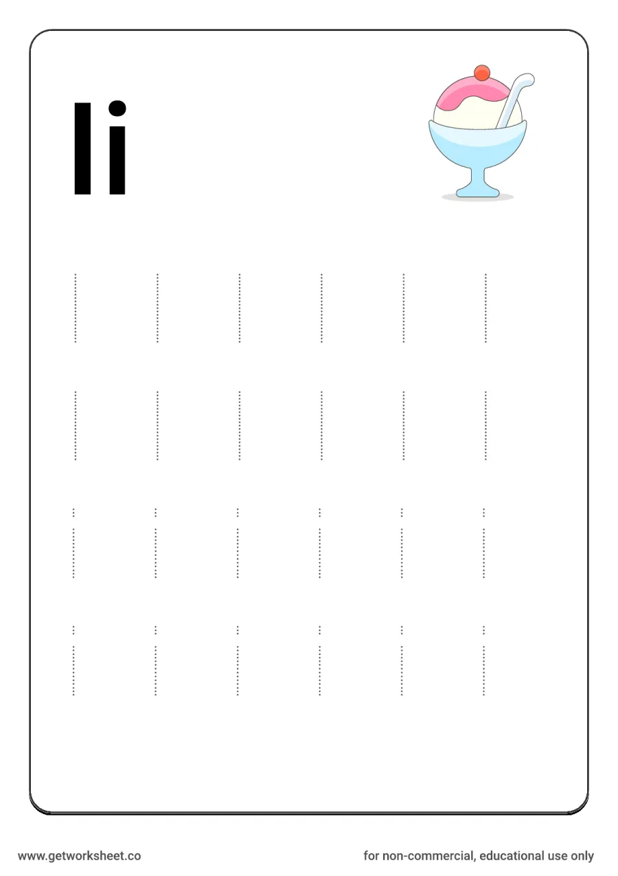 Letter Ii: trace uppercase and lowercase with ice cream – free printable PDF worksheet, page 1 preview (26 free letter worksheets)
