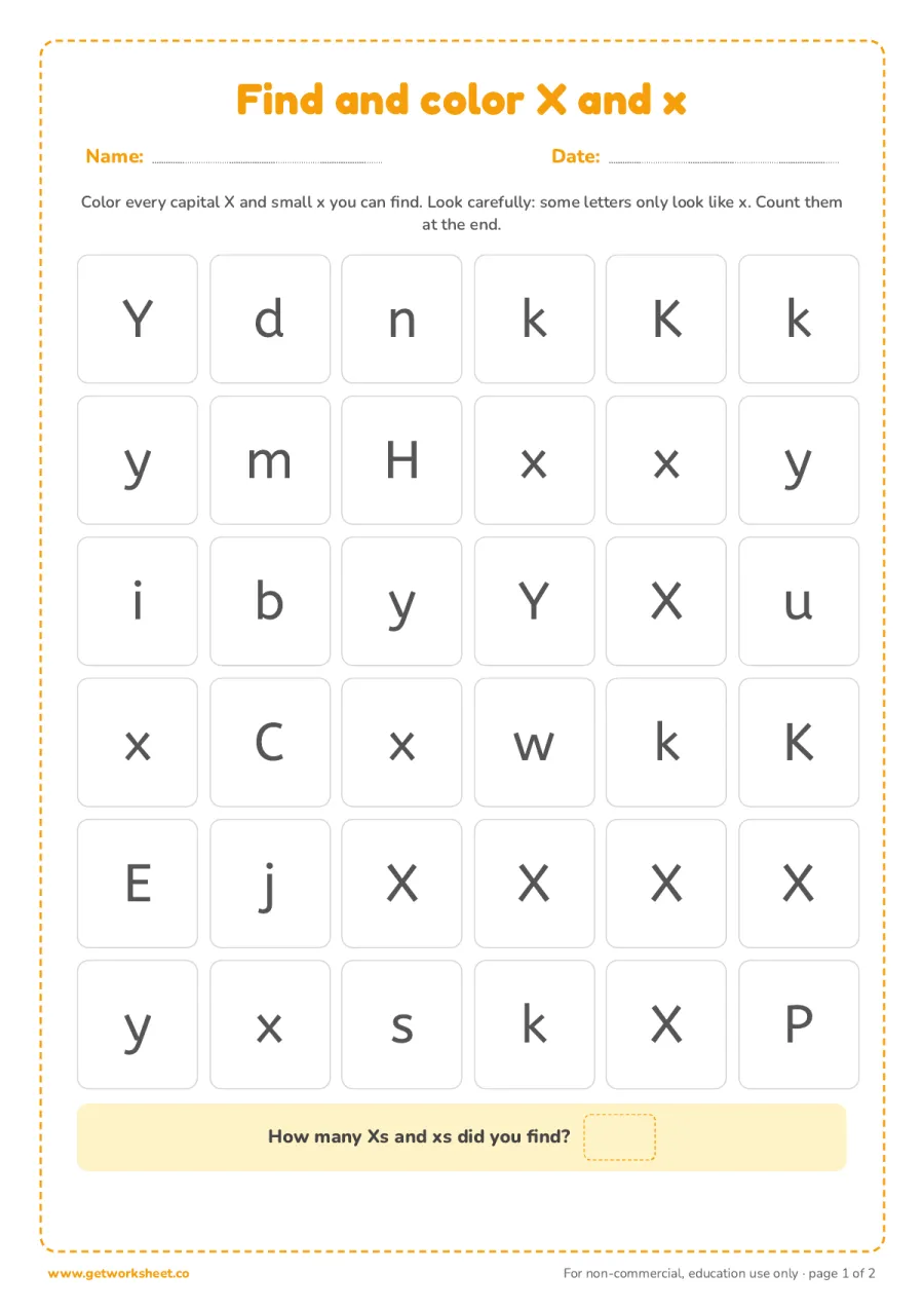 Find and color the letter X and x – free printable PDF worksheet, page 1 preview (6 free letter X tracing worksheets)