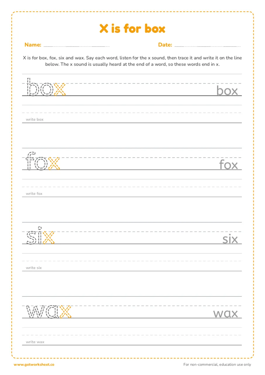 X is for box: trace the words – free printable PDF worksheet, page 1 preview (6 free letter X tracing worksheets)