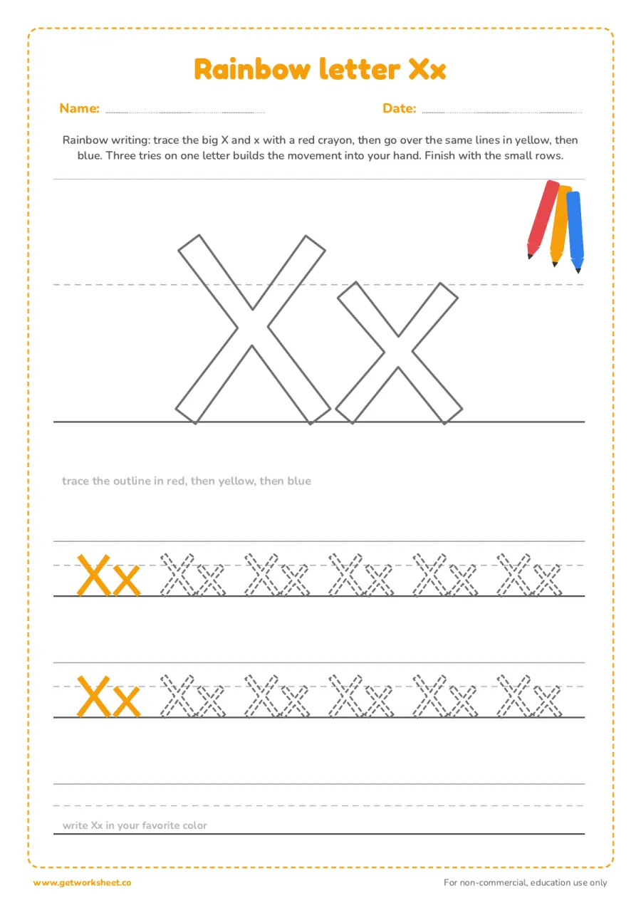 Rainbow letter Xx – free printable PDF worksheet, page 1 preview (6 free letter X tracing worksheets)