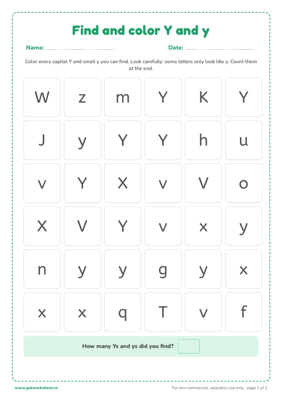 Find and color the letter Y and y – free printable PDF worksheet, page 1 preview (6 free letter Y tracing worksheets)