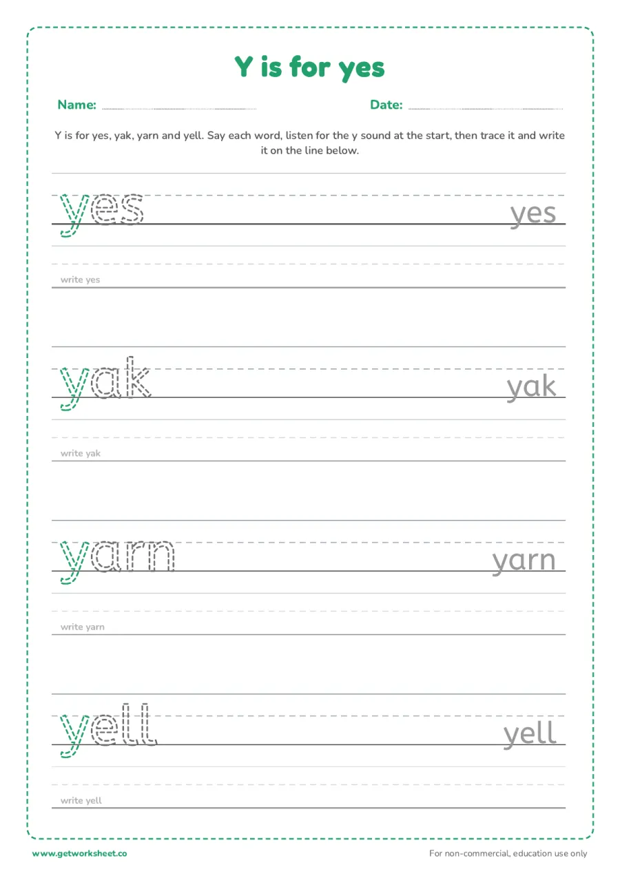 Y is for yes: trace the words – free printable PDF worksheet, page 1 preview (6 free letter Y tracing worksheets)