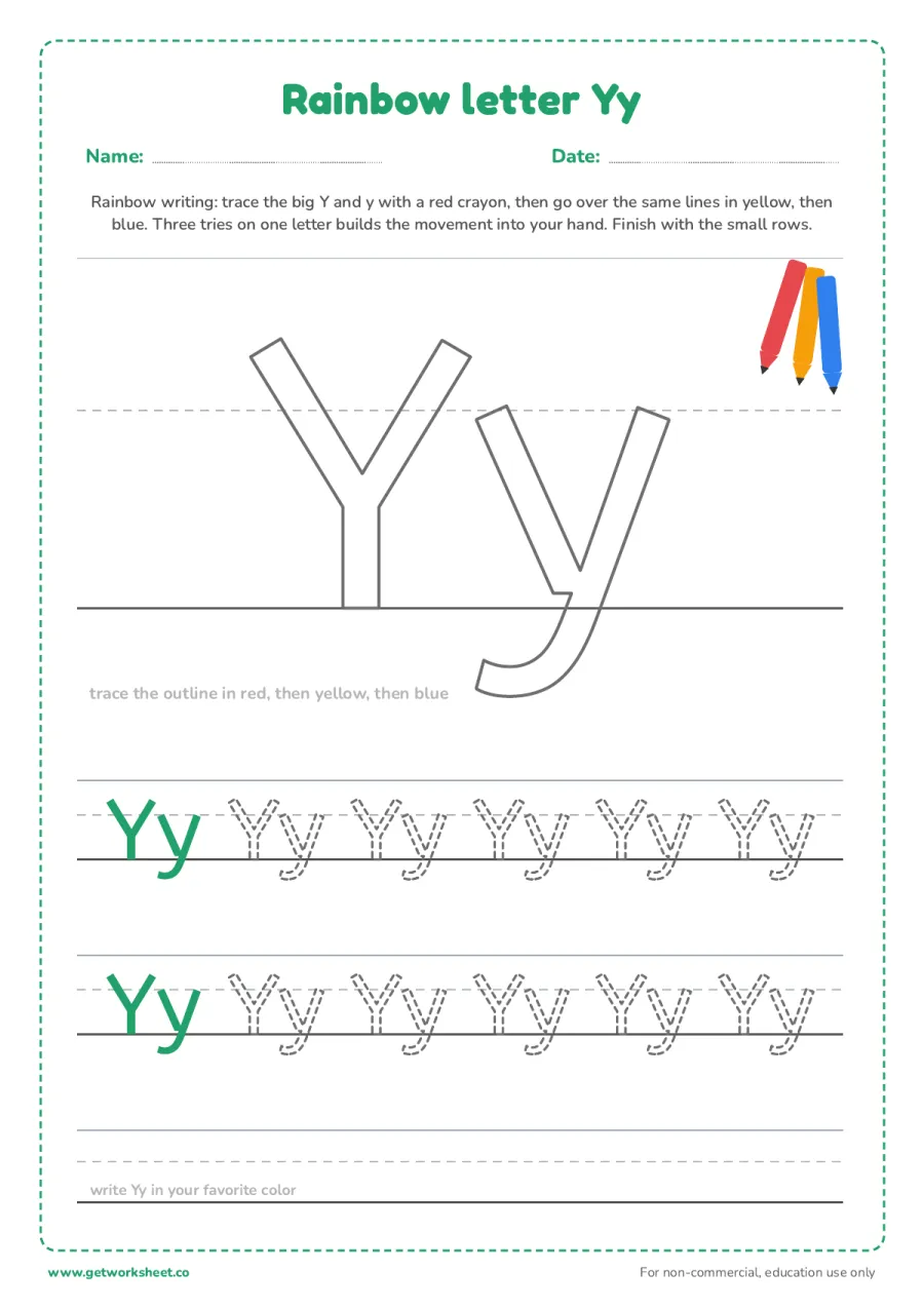 Rainbow letter Yy – free printable PDF worksheet, page 1 preview (6 free letter Y tracing worksheets)