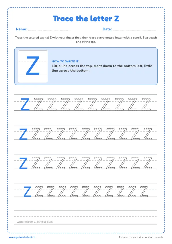 Free letter Z tracing worksheets – free printable worksheets preview
