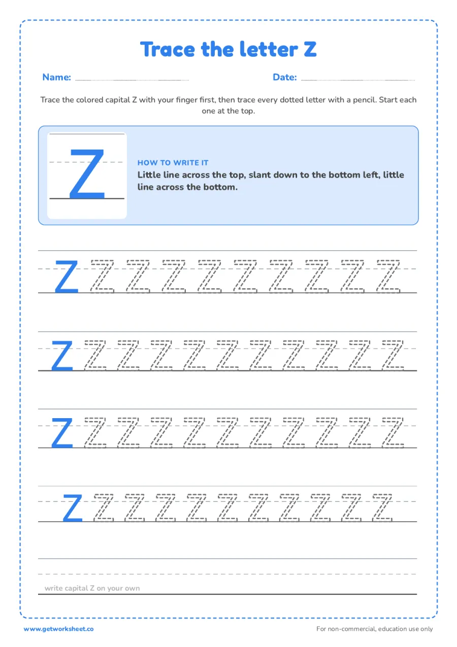 Trace the capital letter Z Trace the capital letter Z – free printable PDF worksheet, page 1 preview (6 free letter Z tracing worksheets)