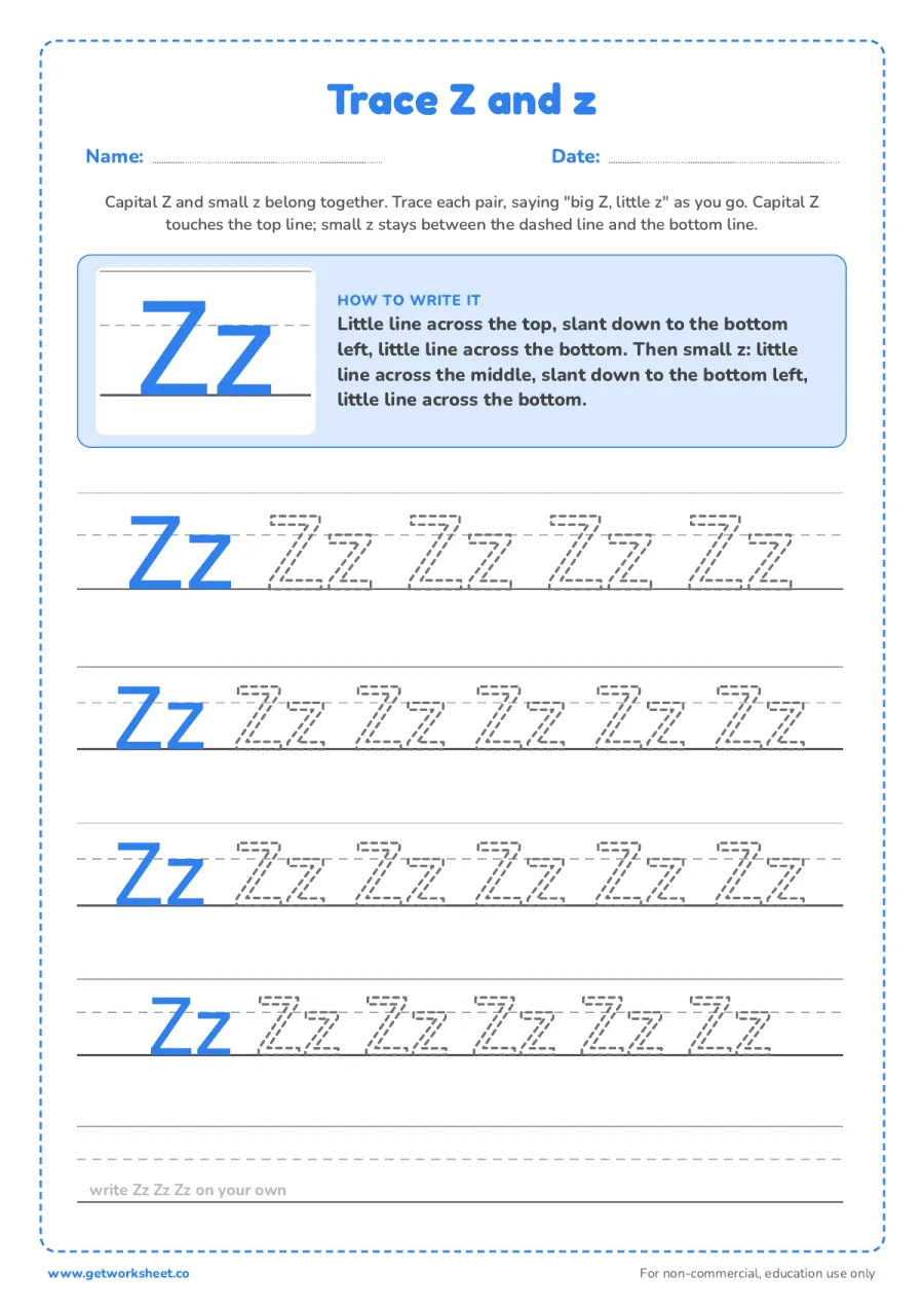 Trace Z and z together Trace Z and z together – free printable PDF worksheet, page 1 preview (6 free letter Z tracing worksheets)