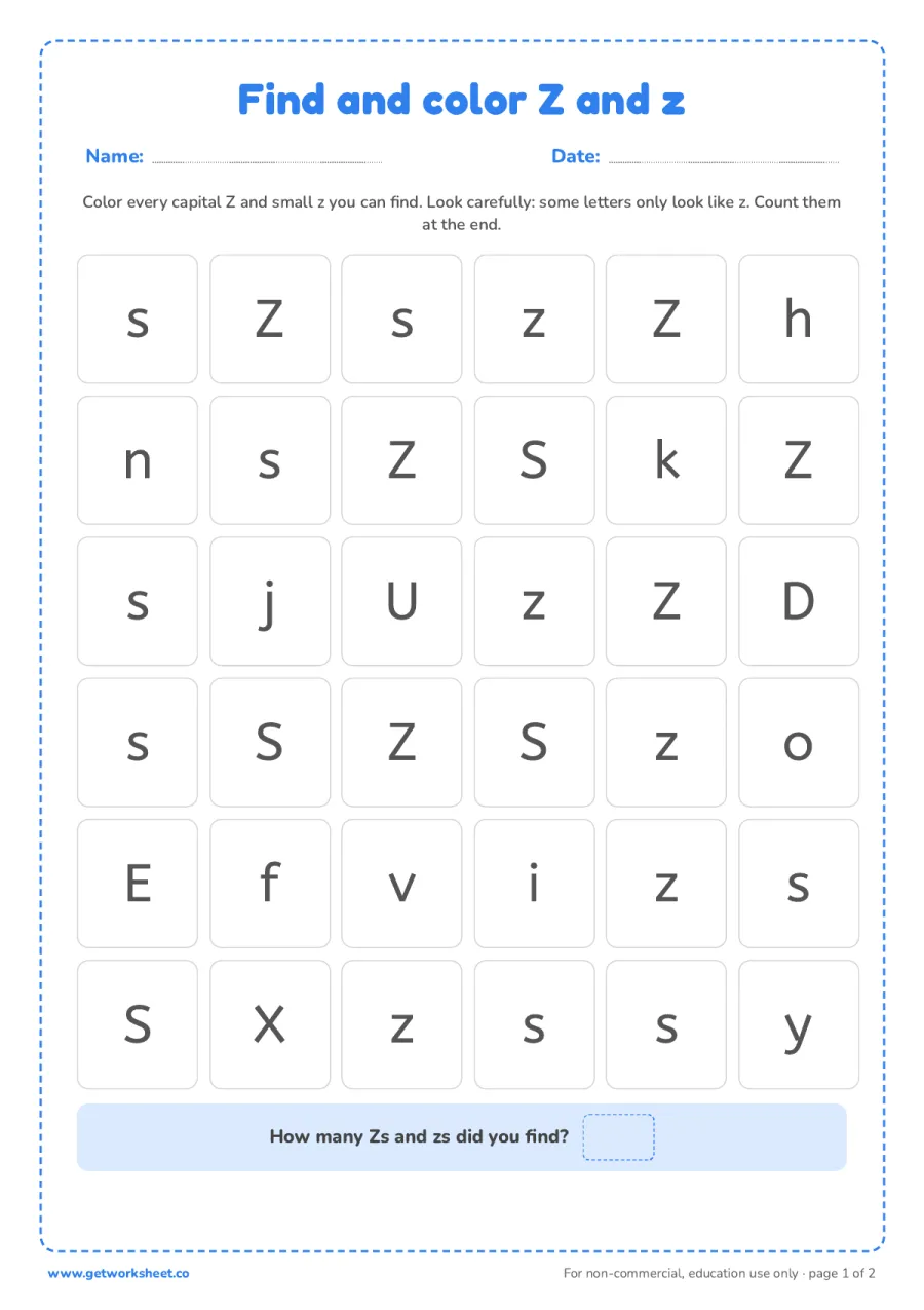 Find and color the letter Z and z Find and color the letter Z and z – free printable PDF worksheet, page 1 preview (6 free letter Z tracing worksheets)