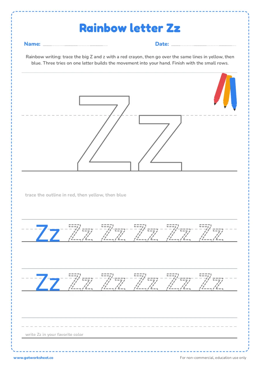 Rainbow letter Zz Rainbow letter Zz – free printable PDF worksheet, page 1 preview (6 free letter Z tracing worksheets)