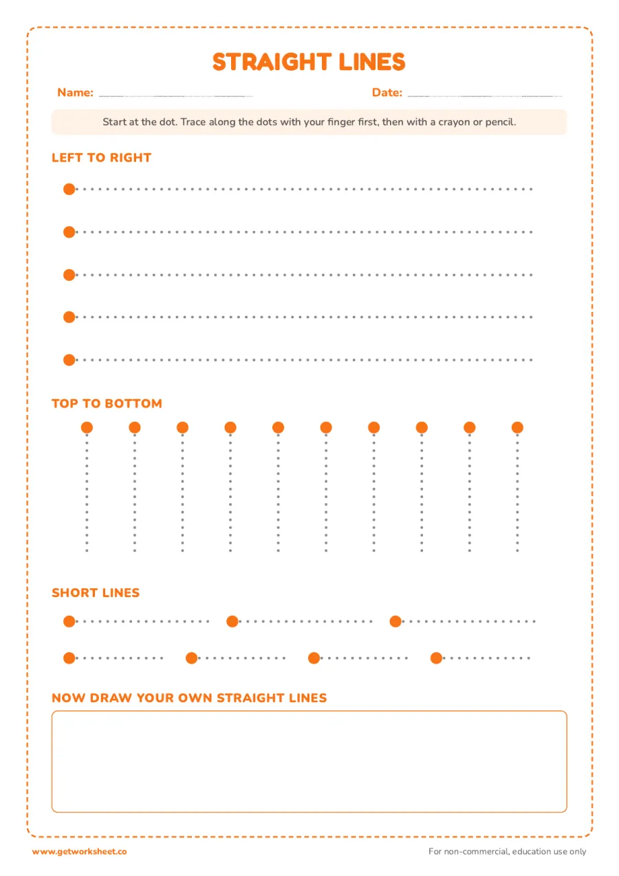 Straight lines: left to right and top to bottom Straight lines: left to right and top to bottom – free printable PDF worksheet, page 1 preview (Free line tracing worksheets)