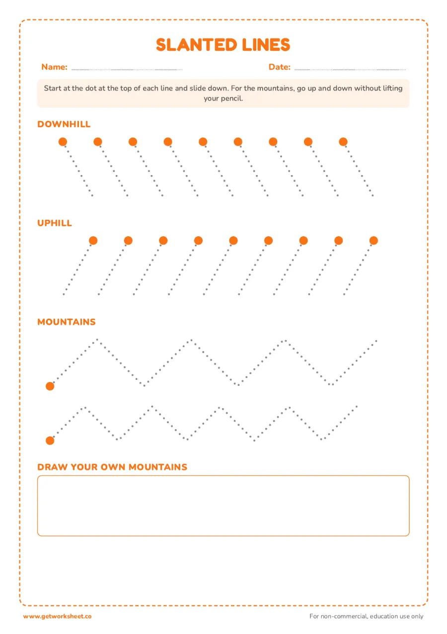 Slanted lines: downhill, uphill and mountains Slanted lines: downhill, uphill and mountains – free printable PDF worksheet, page 1 preview (Free line tracing worksheets)