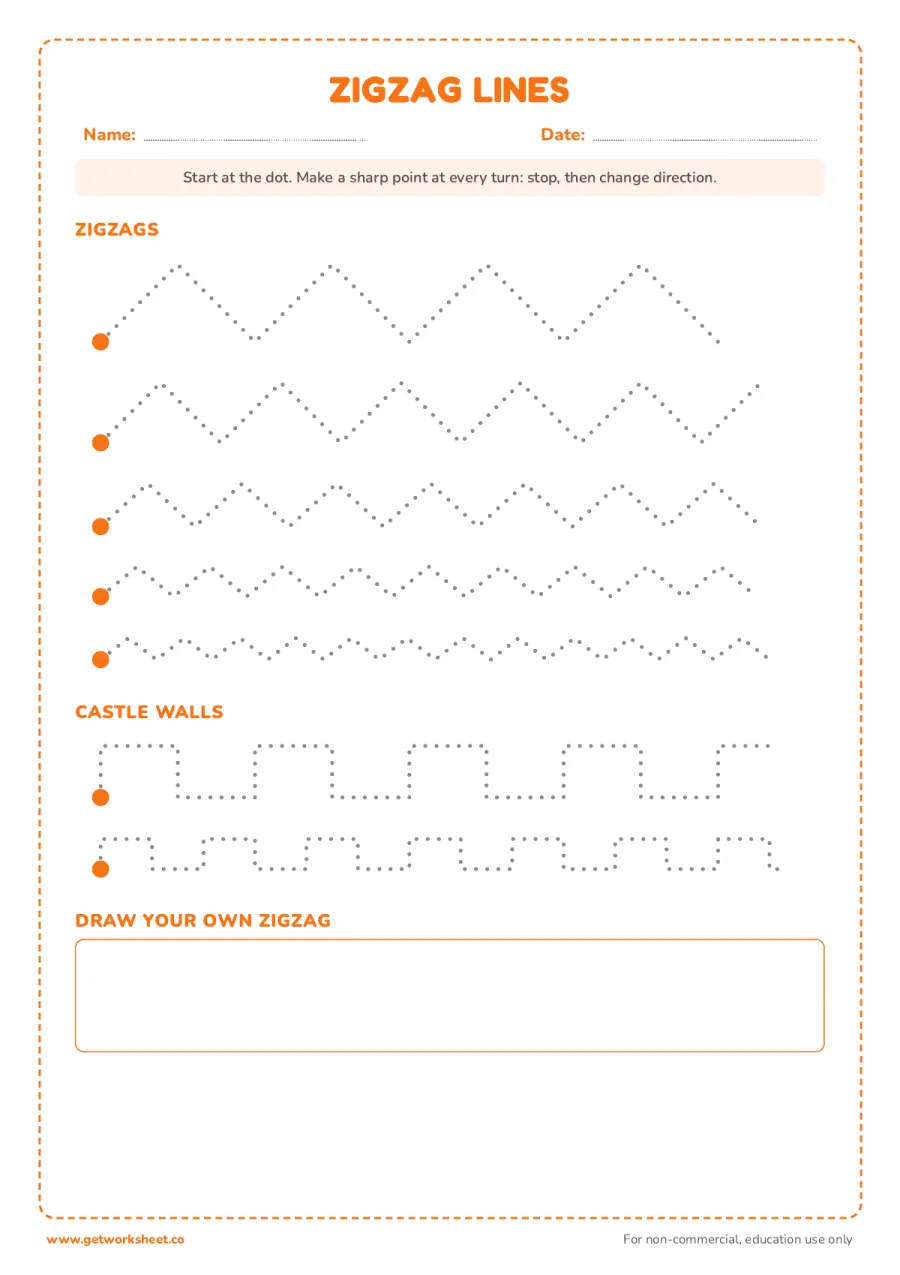 Zigzag lines: big to small, plus castle walls Zigzag lines: big to small, plus castle walls – free printable PDF worksheet, page 1 preview (Free line tracing worksheets)