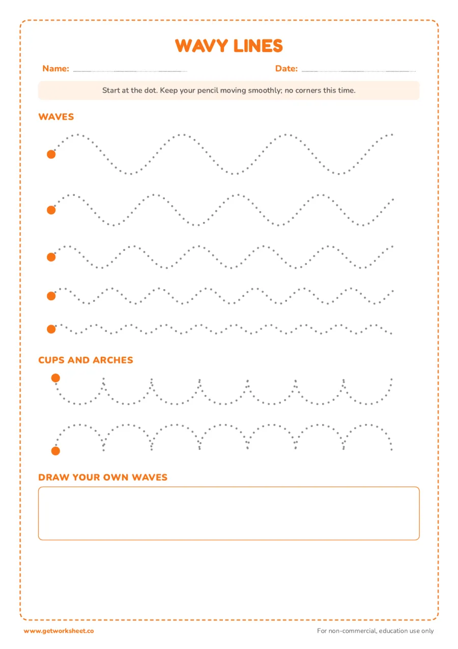 Wavy lines: big waves to little ripples Wavy lines: big waves to little ripples – free printable PDF worksheet, page 1 preview (Free line tracing worksheets)