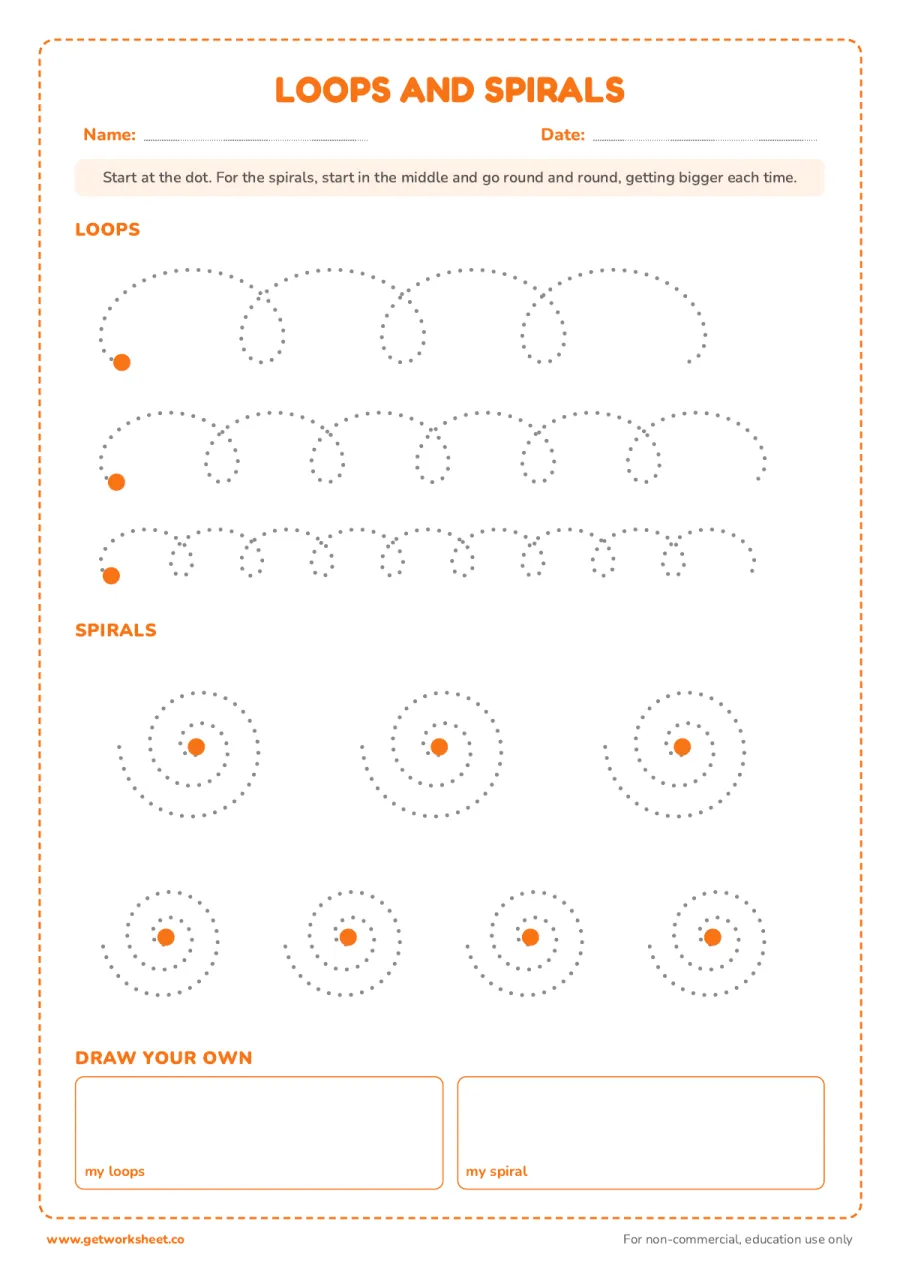 Loops and spirals (curves that cross) Loops and spirals (curves that cross) – free printable PDF worksheet, page 1 preview (Free line tracing worksheets)