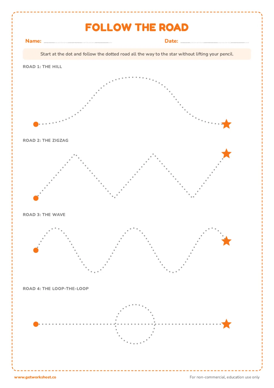 Follow the road: four dotted paths from dot to star Follow the road: four dotted paths from dot to star – free printable PDF worksheet, page 1 preview (Free line tracing worksheets)