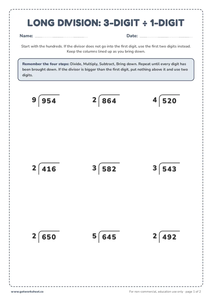 Multiplication One Digit Example Long Division Worksheets: 5 Free PDFs, 2 to 4-Digit Numbers