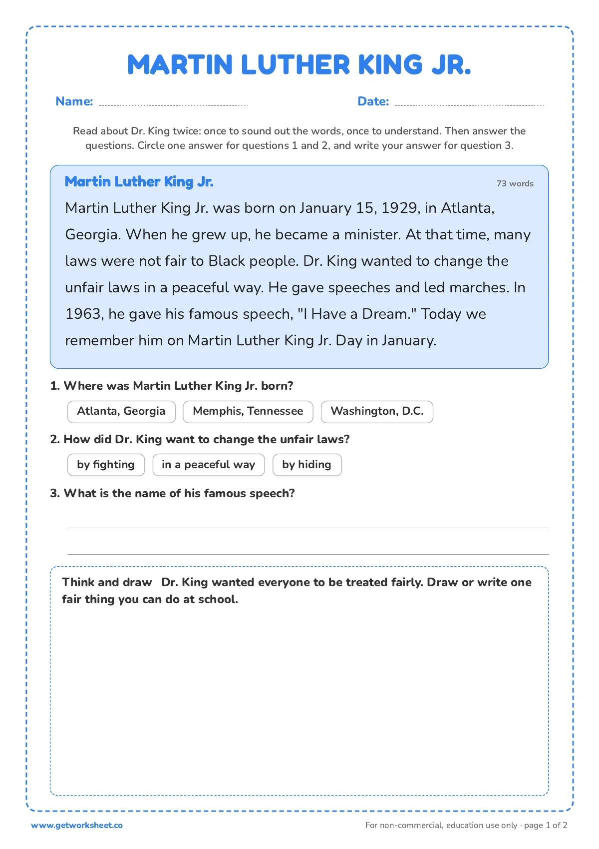 Martin Luther King Jr. Worksheets: 6 Free K to Grade 3 PDFs