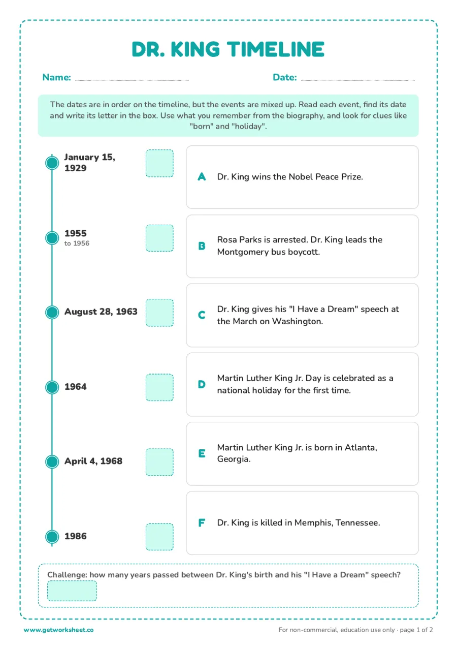 Martin Luther King Jr. timeline Martin Luther King Jr. timeline – free printable PDF worksheet, page 1 preview (6 free Martin Luther King Jr. worksheets)