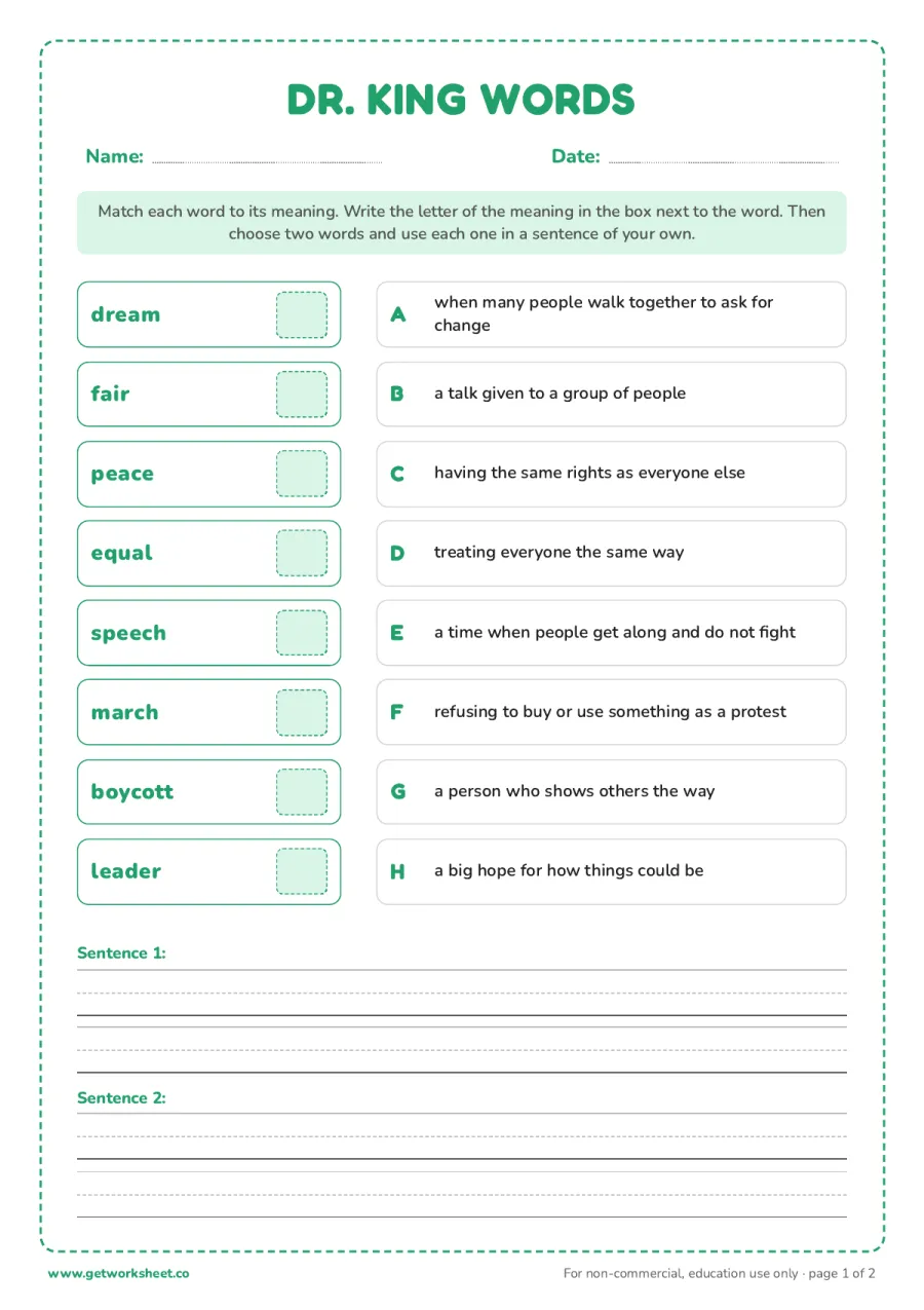 Martin Luther King Jr. vocabulary match Martin Luther King Jr. vocabulary match – free printable PDF worksheet, page 1 preview (6 free Martin Luther King Jr. worksheets)