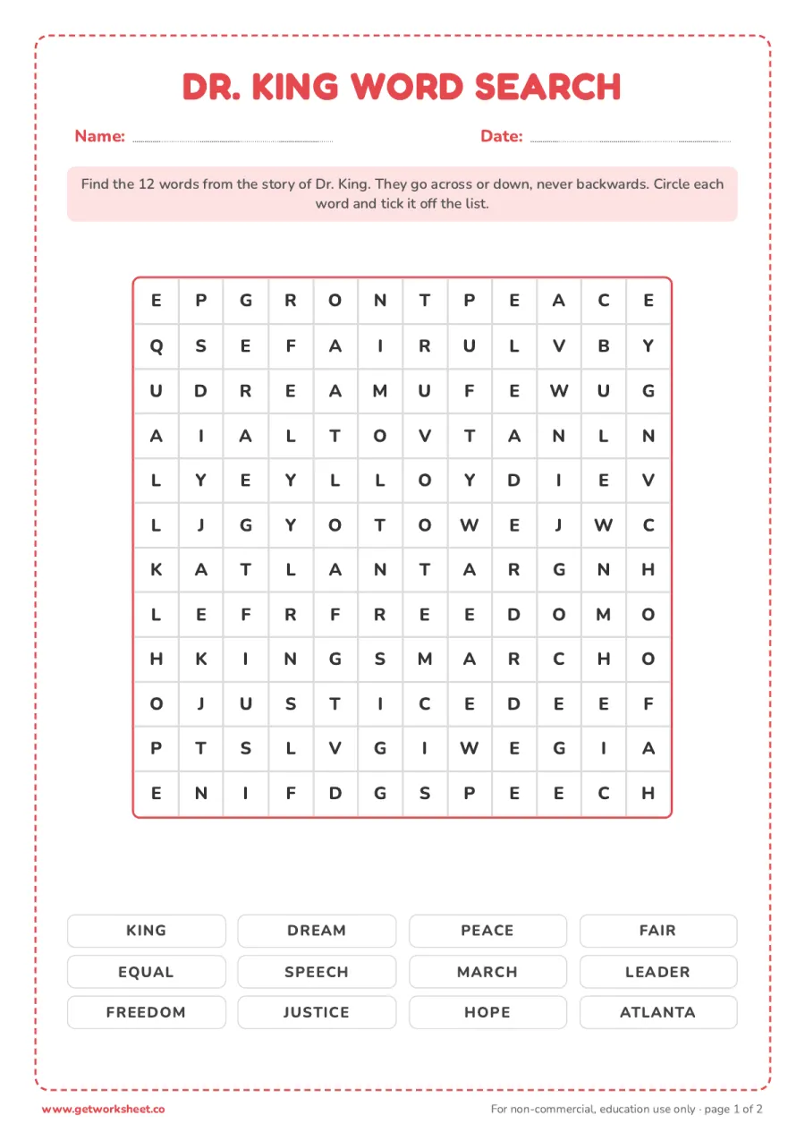 Martin Luther King Jr. word search Martin Luther King Jr. word search – free printable PDF worksheet, page 1 preview (6 free Martin Luther King Jr. worksheets)
