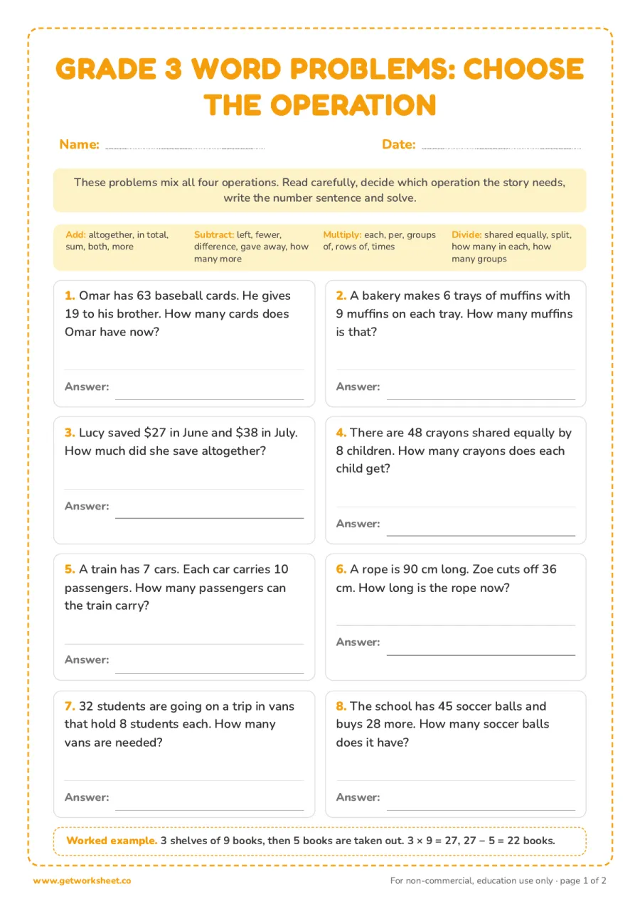 Grade 3 word problems: choose the operation – free printable PDF worksheet, page 1 preview (8 free math word problems worksheets (grades 1 to 5))